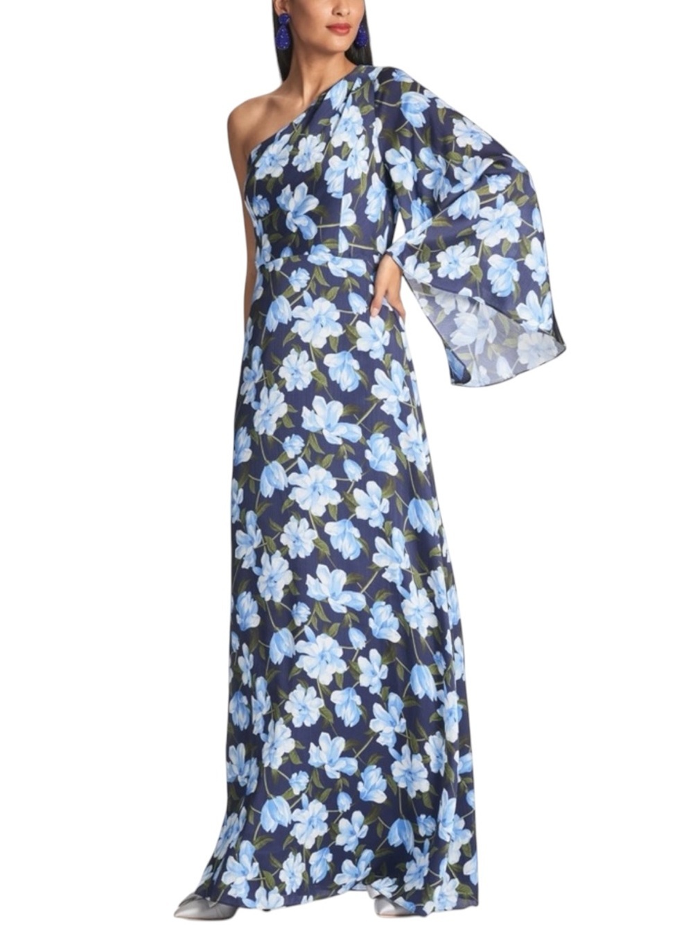 NWT SACHIN + BABI Navy Magnolia Floral One-Shoulder Maxi Dress Gown Size 2